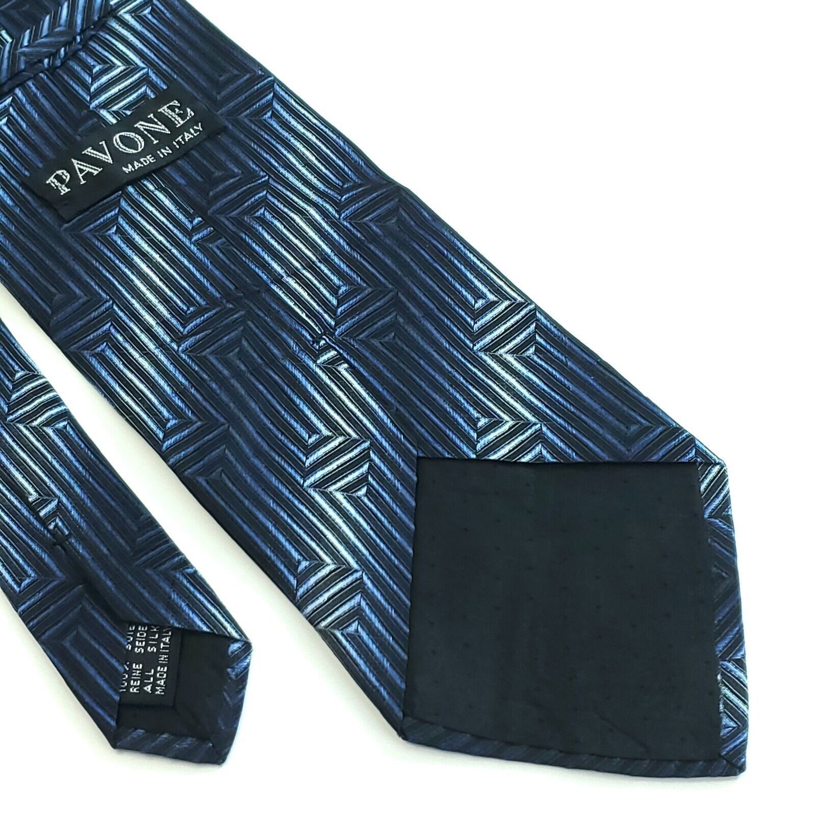 Designer Pavone Silk Tie Blue Black Metallic Abstract Woven Wide Ital Size ONE SIZE - 5 Thumbnail