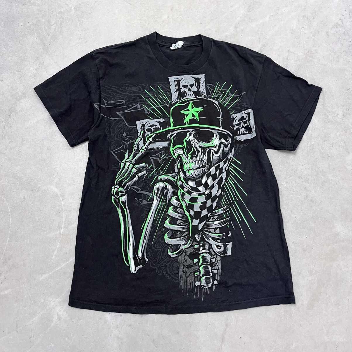Affliction × Vintage CRAZY AFFLICTION Y2K Style Skull Monster Energy Green Shirt Size US L / EU 52-54 / 3 - 1 Thumbnail