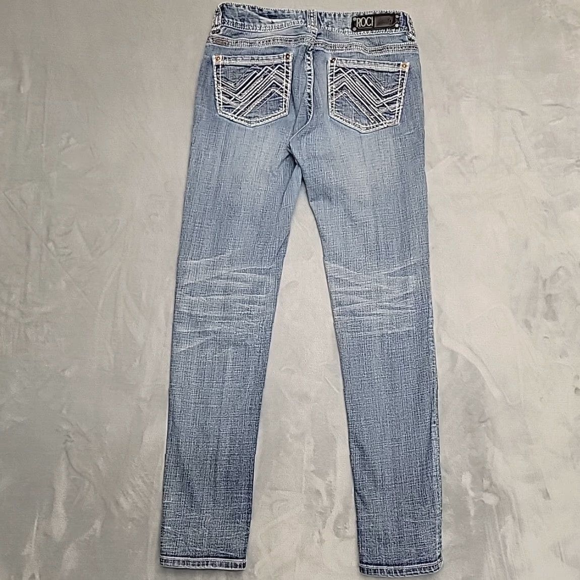 Denime Rock & Roll Cowgirl Jeans Womens 29x32 Faded Distressed Denim Mid Rise Skinny Jeans 90s Western USA Mens Womens Boys Girls Size 29" - 7 Thumbnail