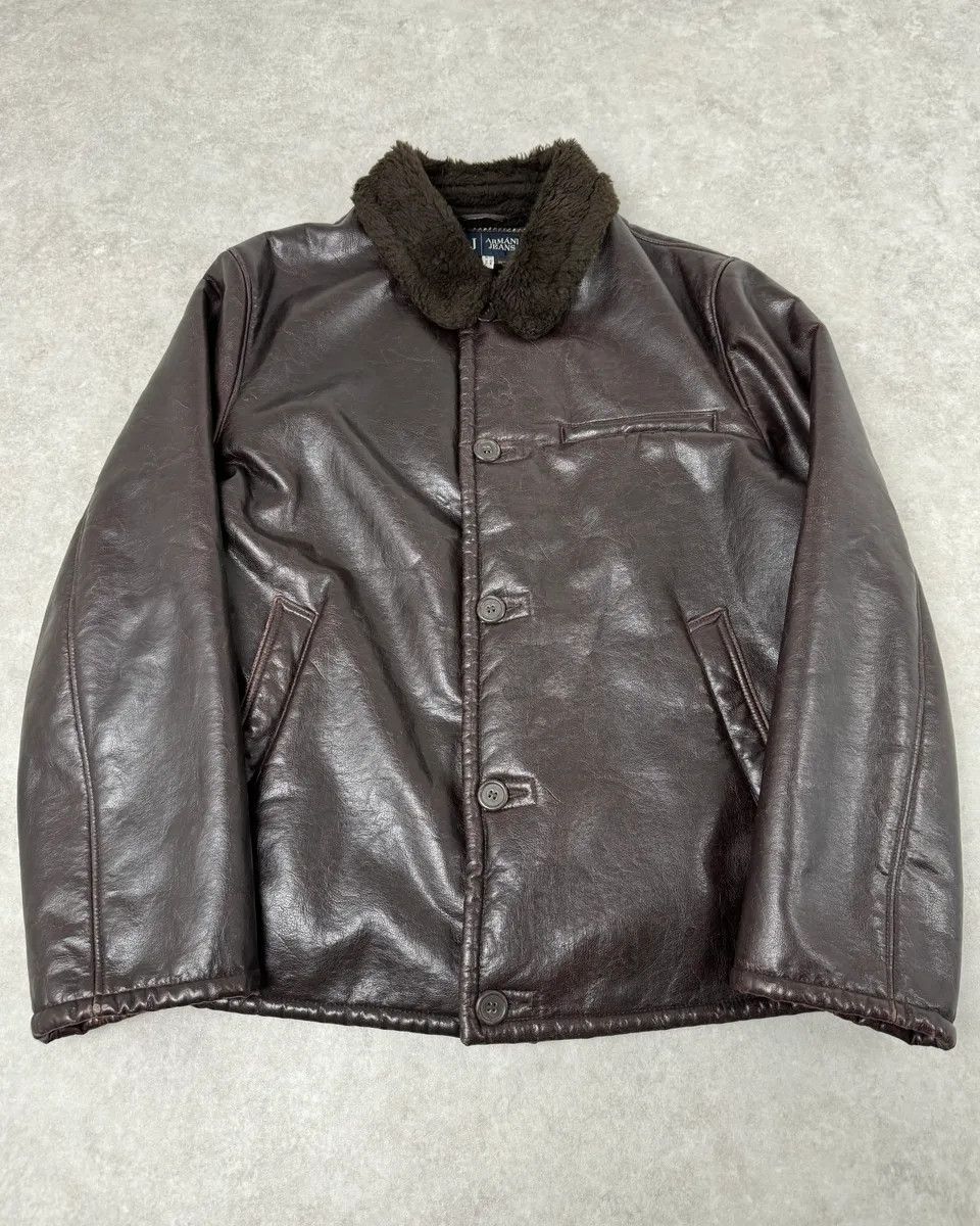 Armani 2000s Armani Buttoned Faux Leather Collar Brown Jacket Size US L / EU 52-54 / 3 - 1 Thumbnail