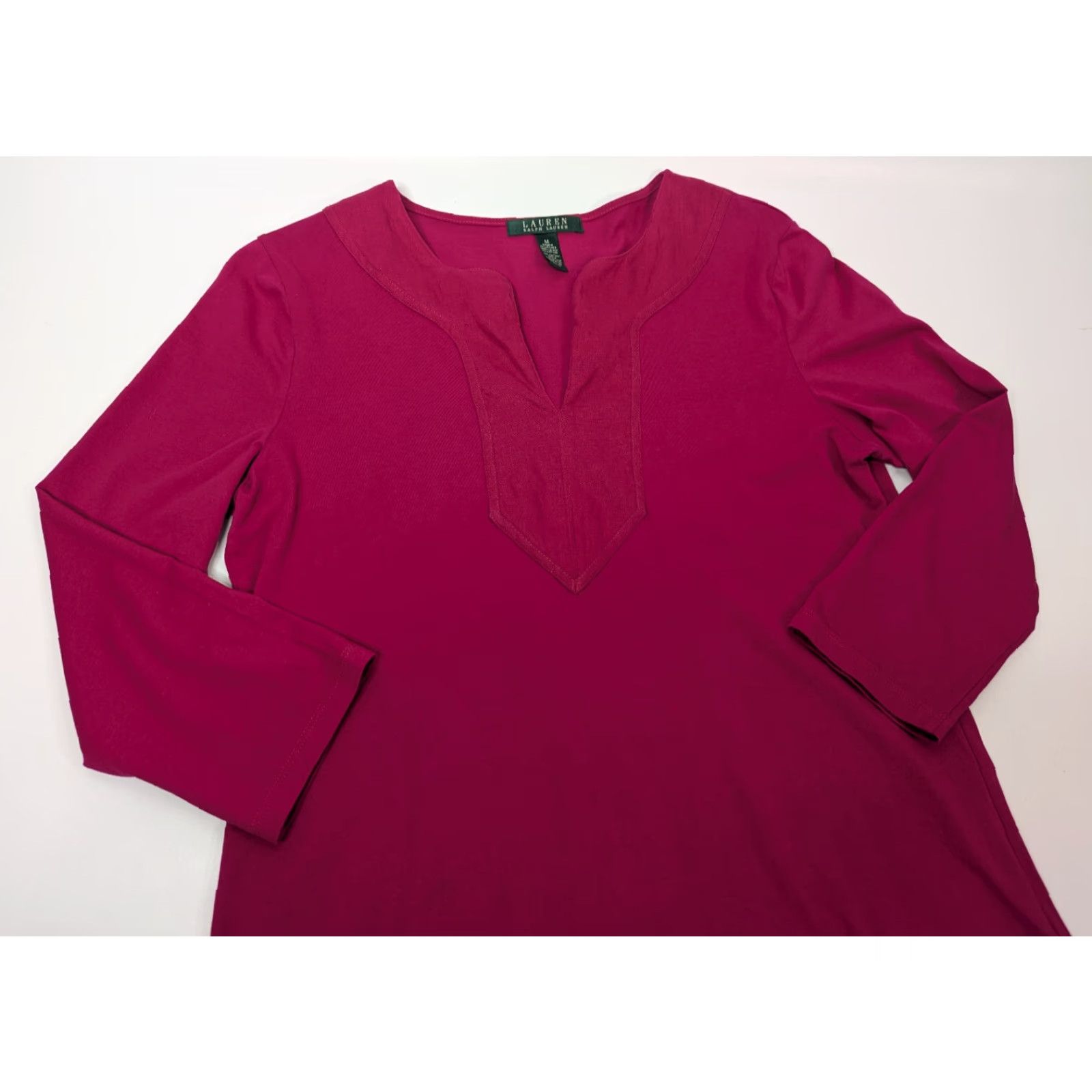 Ralph Lauren Lauren Ralph Lauren Womens Medium Cotton 3/4 Sleeve V-Neck Hot Pink Blouse Shirt Size M / US 6-8 / IT 42-44 - 2 Thumbnail