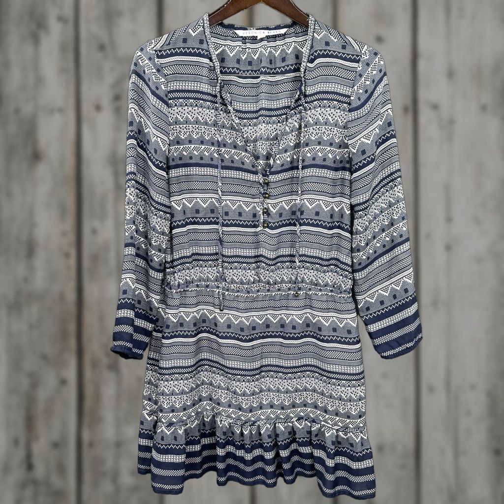 Veronica Beard VERONICA BEARD Dress Womens 8 BLUE Silk Geometric Boho A-Line Balloon Sleeve V-Neck Short Dress 8 Womens Size M / US 6-8 / IT 42-44 - 1 Thumbnail