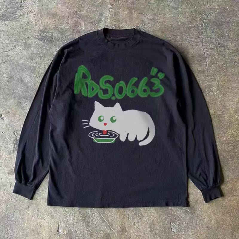 Japanese Brand Black Washed Vintage Cat Print Long-Sleeve T-Shirt Size US M / EU 48-50 / 2 - 1 Thumbnail