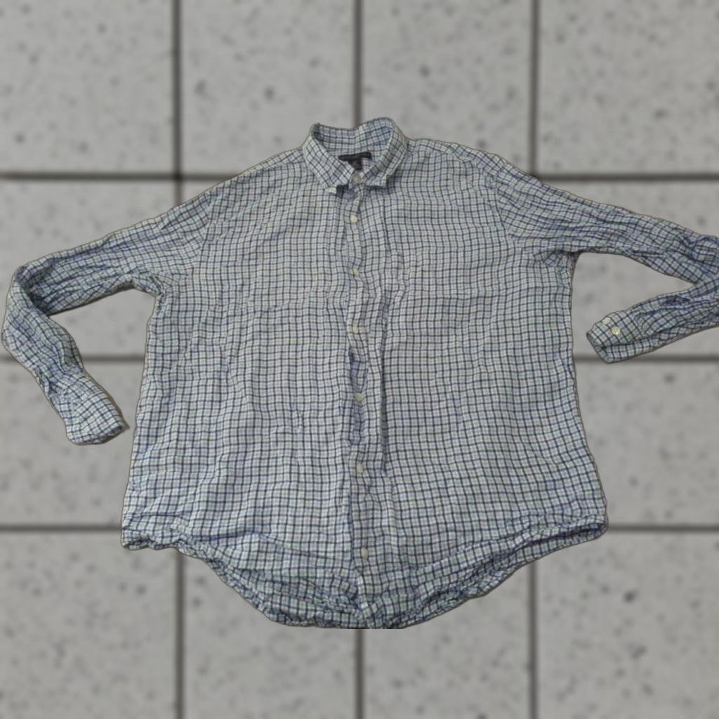 Banana Republic Mens Banana Republic Linen Dress Shirt XL Blue Plaid Button Size 46R - 1 Thumbnail