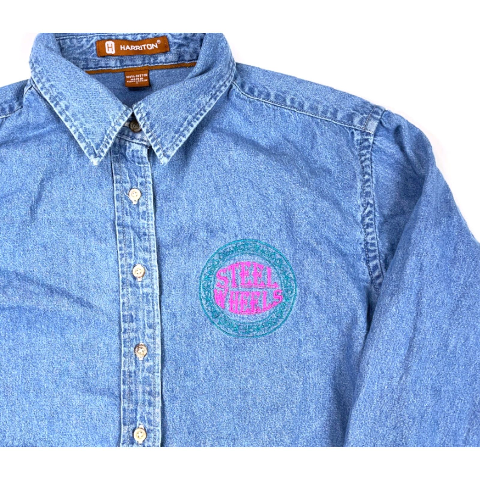 Vintage Harriton Steel Wheels Band Denim Button-Up Shirt Blue Women's Large 90s Hipster Grunge Size L / US 10 / IT 46 - 4 Thumbnail