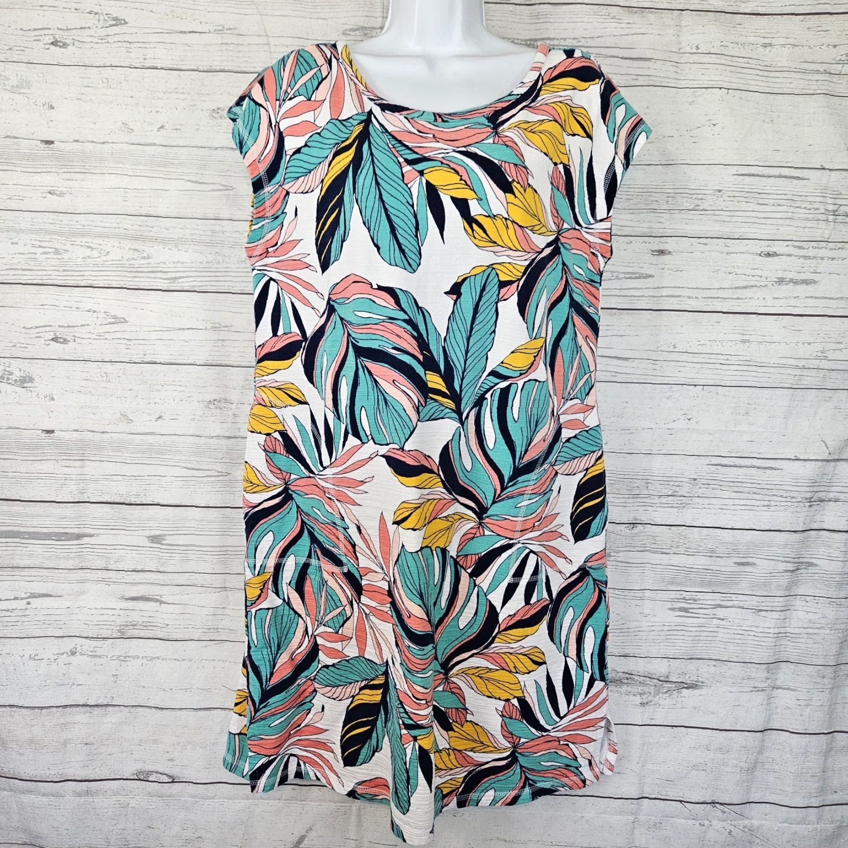 Talbots T by Talbots Womens Dress Sz Large Pink Blue Leaf Print Cotton Blend Pockets Size L / US 10 / IT 46 - 2 Thumbnail