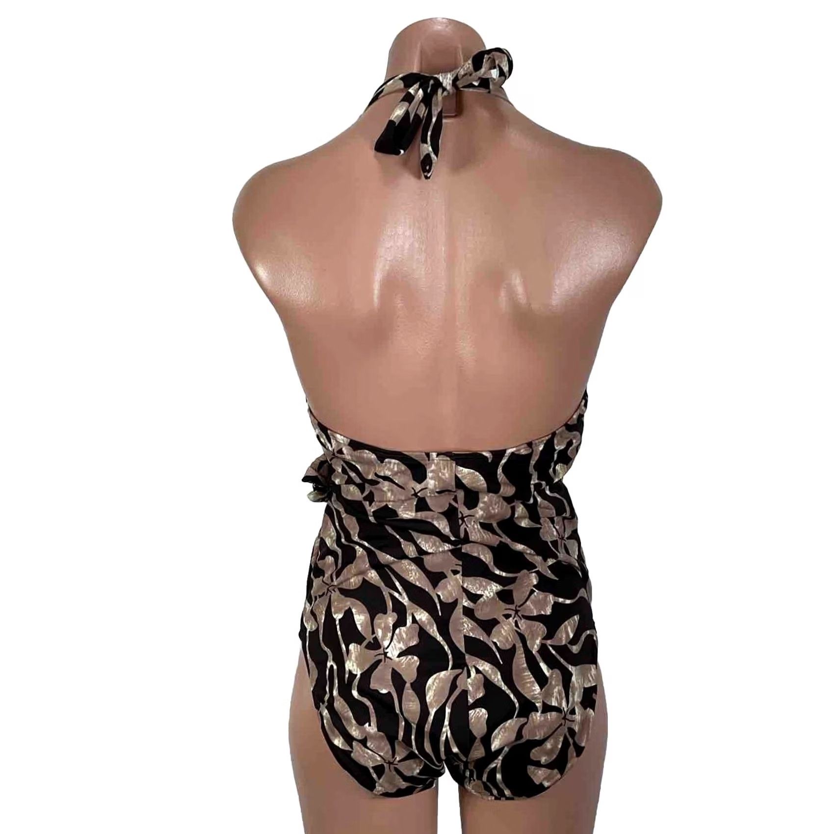 Vintage Shape FX Swimsuit One Piece Bathing Suit Halter High-Waisted Brown Floral Print 8 Women Tropical Backless Built-In Bra Shaper Size M / US 6-8 / IT 42-44 - 2 Thumbnail