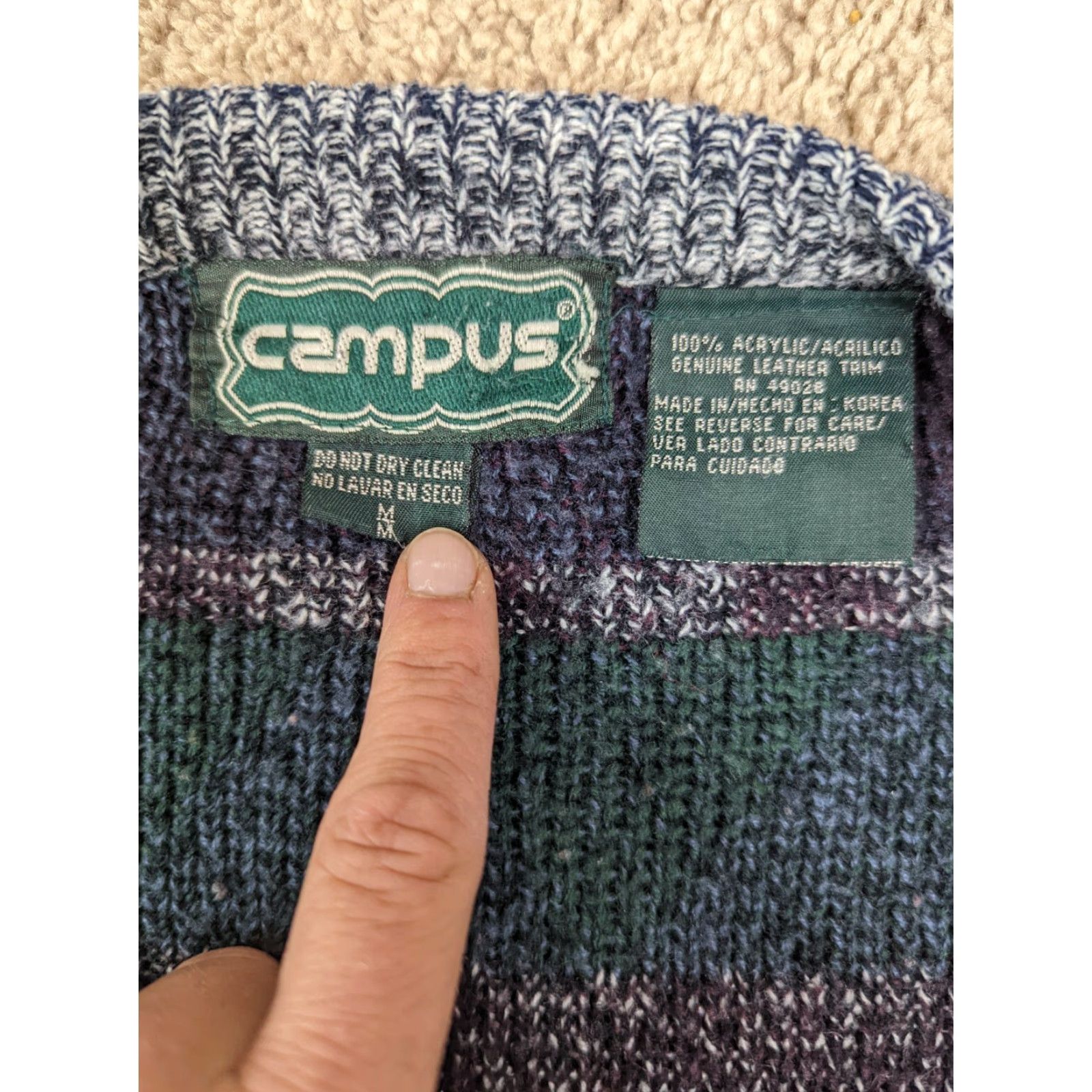 Vintage VINTAGE Campus Geometric V-Neck Cardigan Sweater Mens M Blue 80s Leather Trim S4C Size US M / EU 48-50 / 2 - 4 Thumbnail