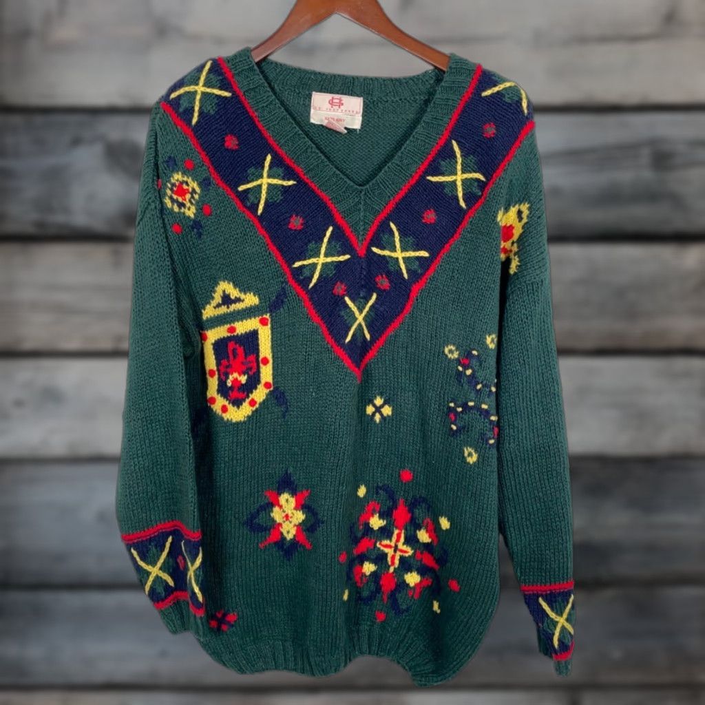 Vintage VINTAGE HG Preferred Hand Knit V-Neck Sweater Women Large Dark Green Geometric Tennis Style 90s Retro Pullover Heavyweight Cotton Blend Womens Size L / US 10 / IT 46 - 1 Thumbnail