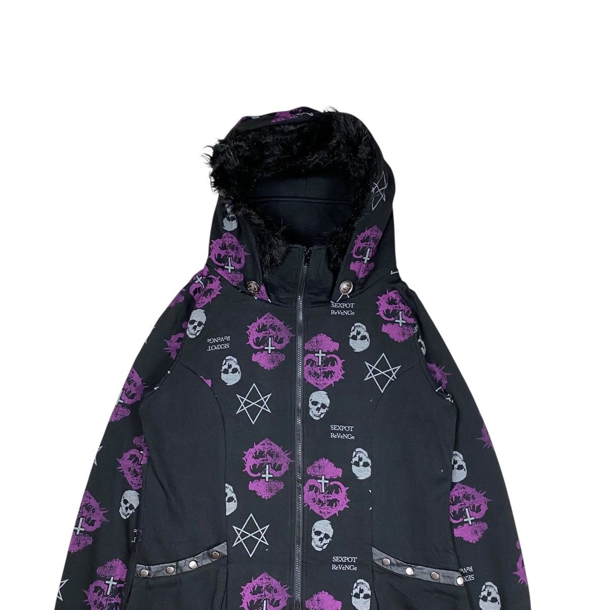 If Six Was Nine × Japanese Brand × KMRii Sexpot Revenge Skulls Satanic Fur Zip Hoodie Size US L / EU 52-54 / 3 - 6 Thumbnail