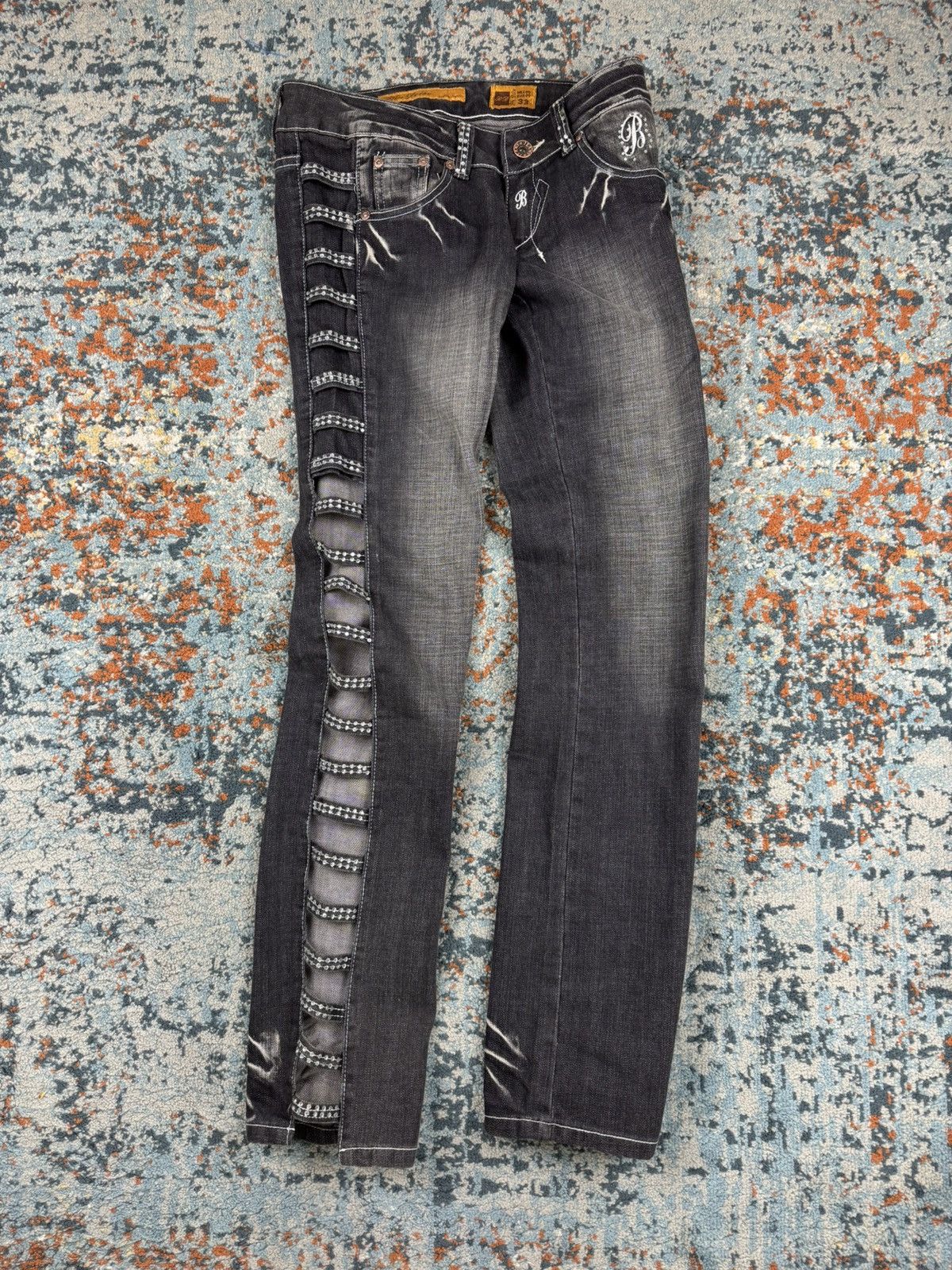 Japanese Brand × Vintage Vintage Y2K Crazy open leg side flared crystal studded denim Size 33" - 2 Thumbnail