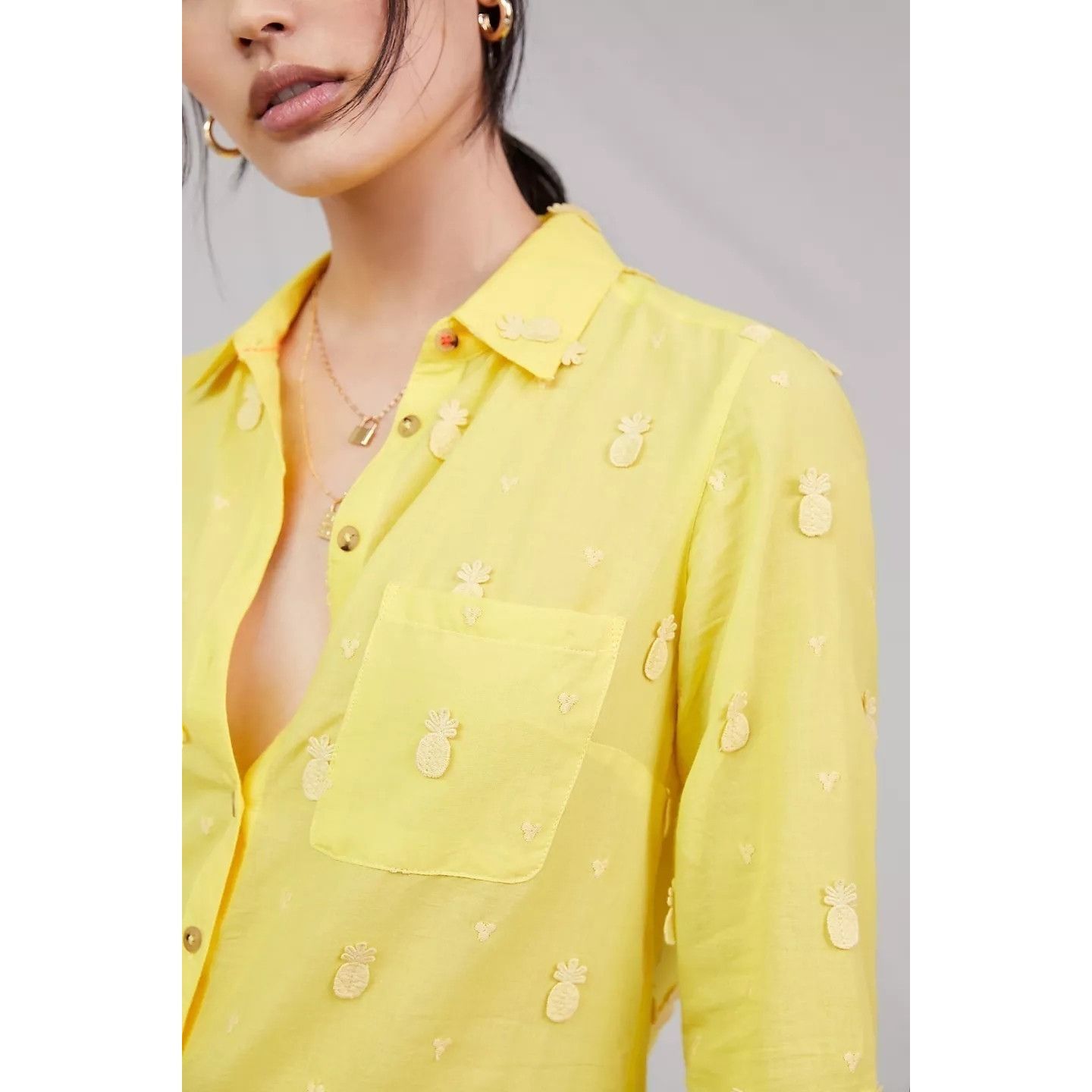 Anthropologie Maeve Yellow Whimsical Pineapple Embroidery Button-Down Shir Size XS / US 0-2 / IT 36-38 - 9 Thumbnail