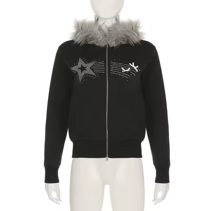 Other Y2k Rhinestone Fur Hooded Jacket Zipper Hoodie Retro Size S / US 4 / IT 40 - 2 Thumbnail