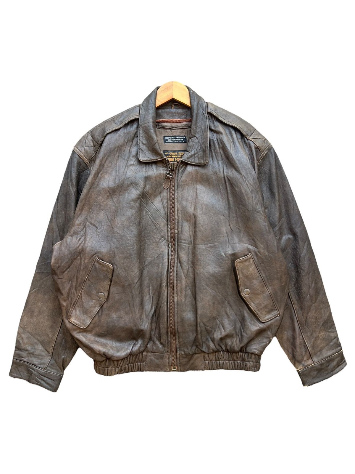 Vintage Vintage 90s Dog Fight Brown Bomber Leather Jacket Size US L / EU 52-54 / 3 - 1 Thumbnail