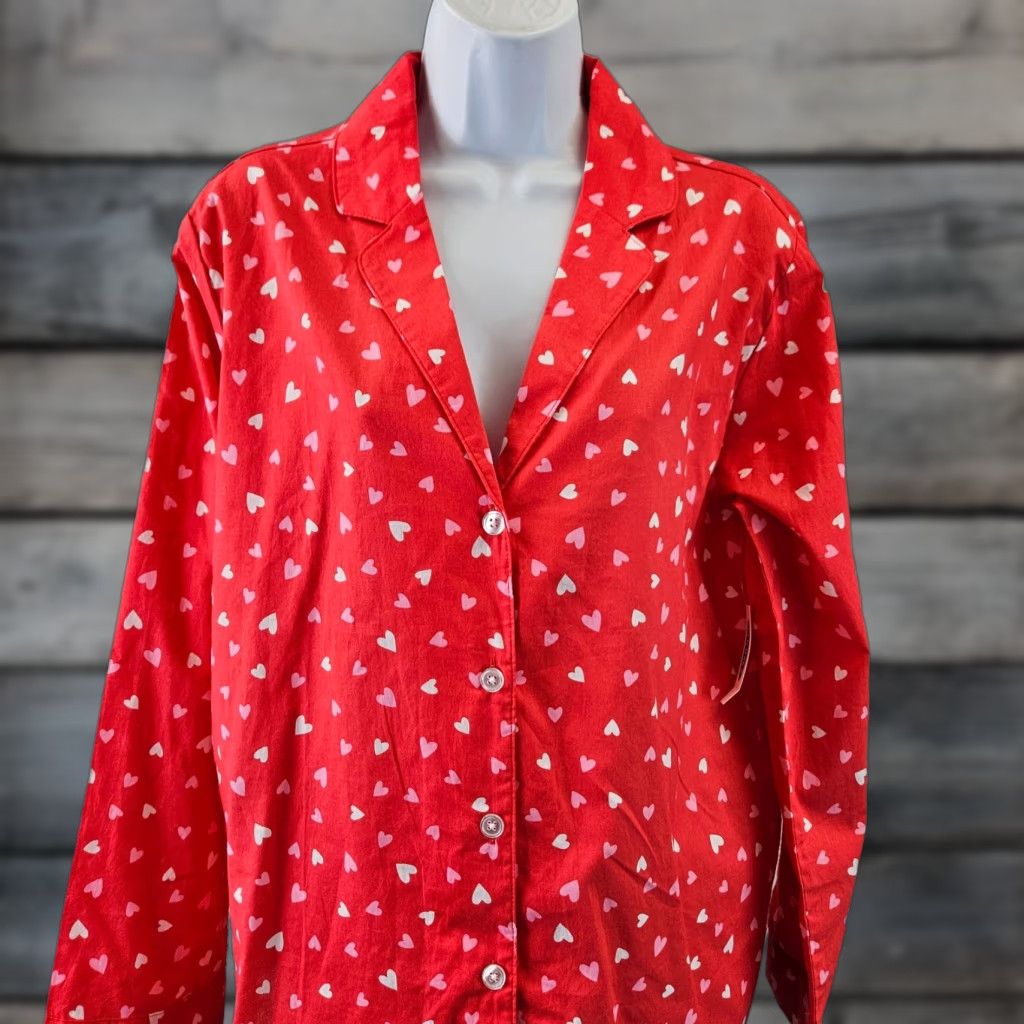Old Navy Old Navy Womens Poplin Pajama Top Sz Large Red Pink Hearts Button Front Cotton Size L / US 10 / IT 46 - 1 Thumbnail