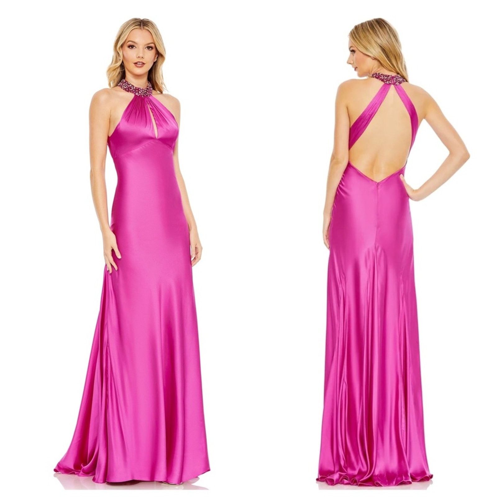 NEW Mac Duggal Embellished Halter Keyhole Satin Gown Pink