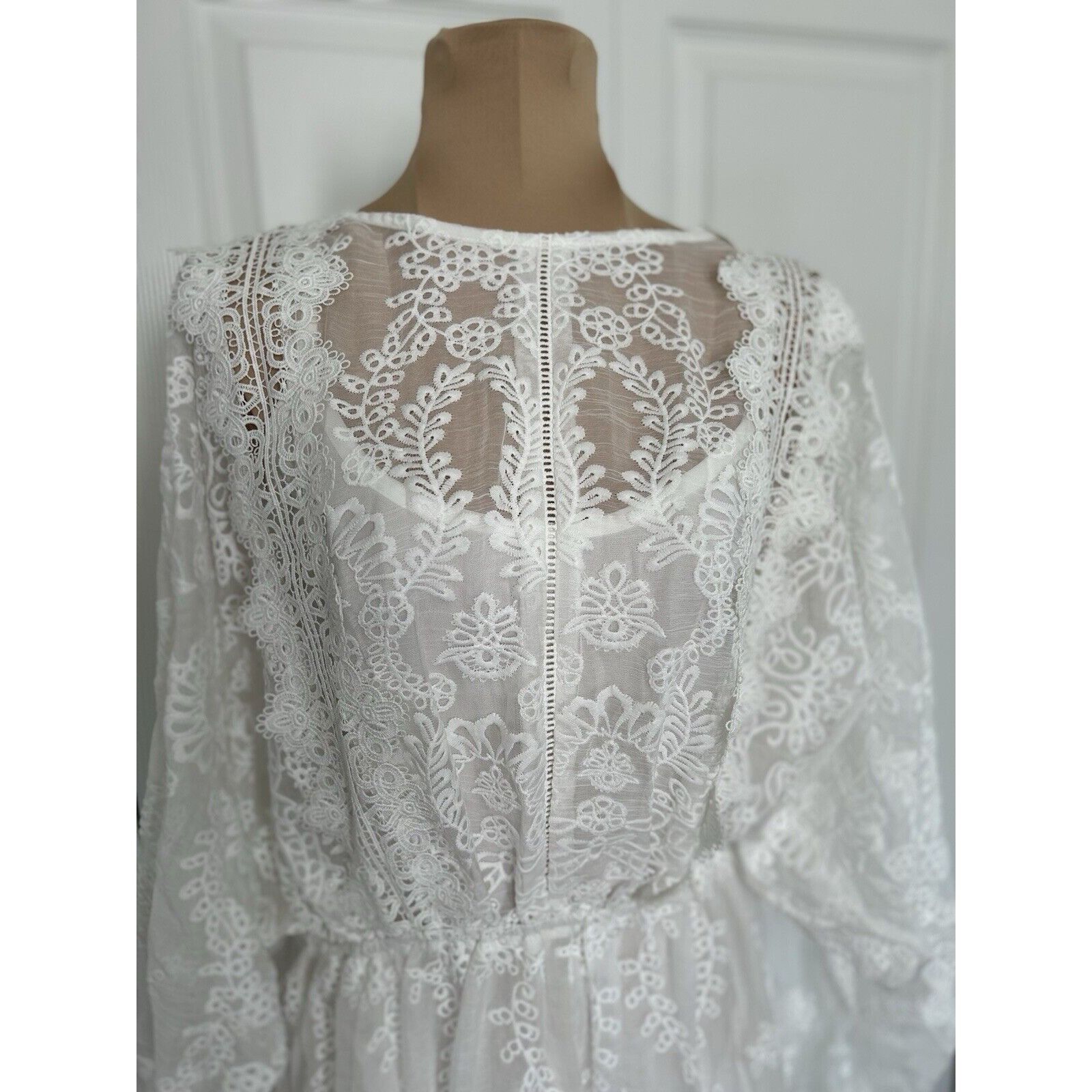 Designer Endless Rose Womens Lace White Midi Dress Long Dolman Sleeve Size L / US 10 / IT 46 - 3 Thumbnail