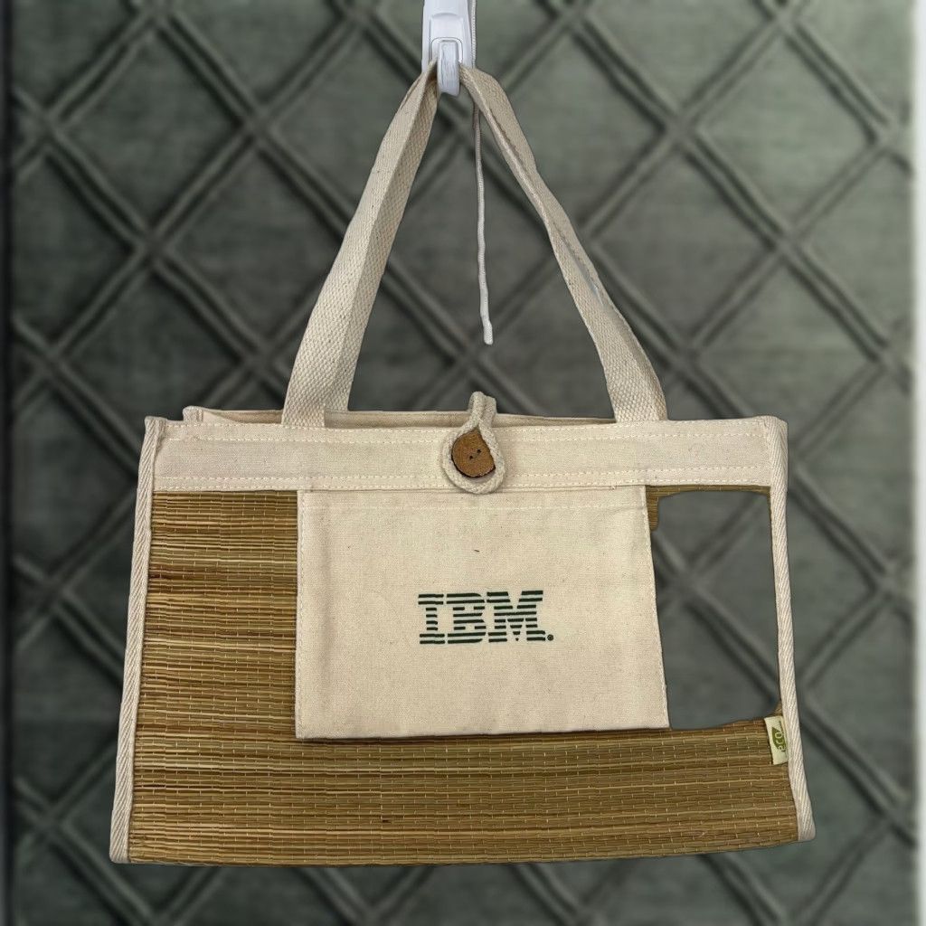 Vintage Ibm Computers Tote Bag Small Brown Straw Weave Casual Womens in White