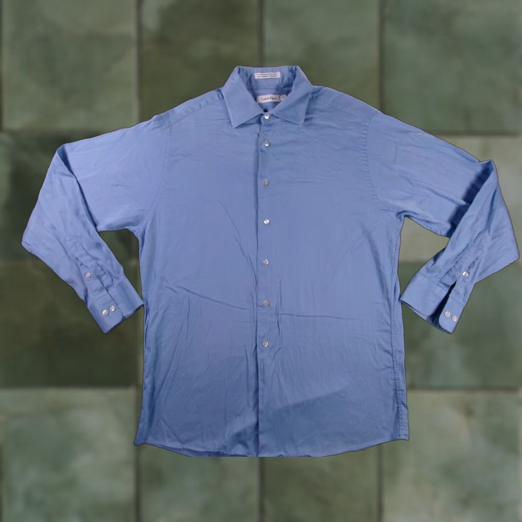 Calvin Klein Calvin Klein Dress Shirt Men 16 Regular Long Sleeve Blue Solid Cutaway Classic Business Size 42R - 1 Thumbnail