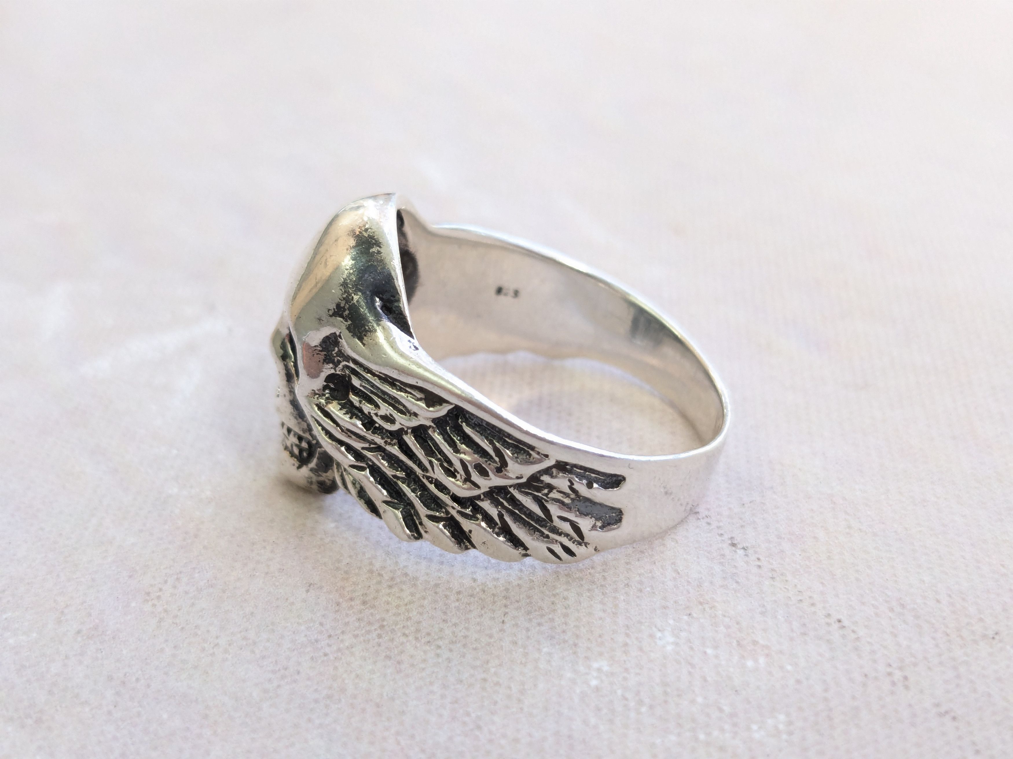 Jewelry × Vintage Vintage Sterling Silver Skull Ring Biker 10.75 Wings Size ONE SIZE - 2 Thumbnail