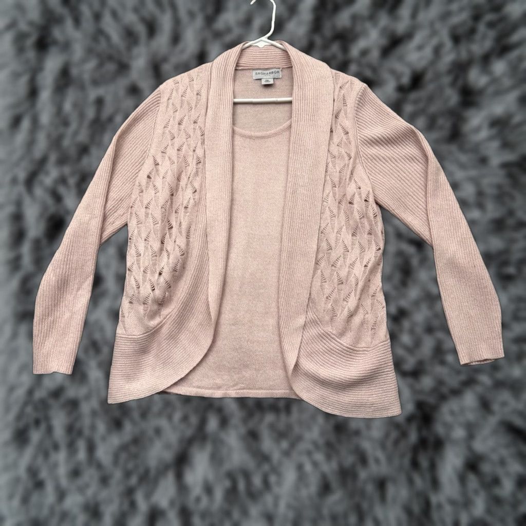 Vintage Sag Harbor Cardigan Womens PXL Petite Open Front Feminine Grandmacore Lagenlook Pink Knit Sweater Cardigan Womens Casual Travel 2000s? Size XL / US 12-14 / IT 48-50 - 1 Thumbnail