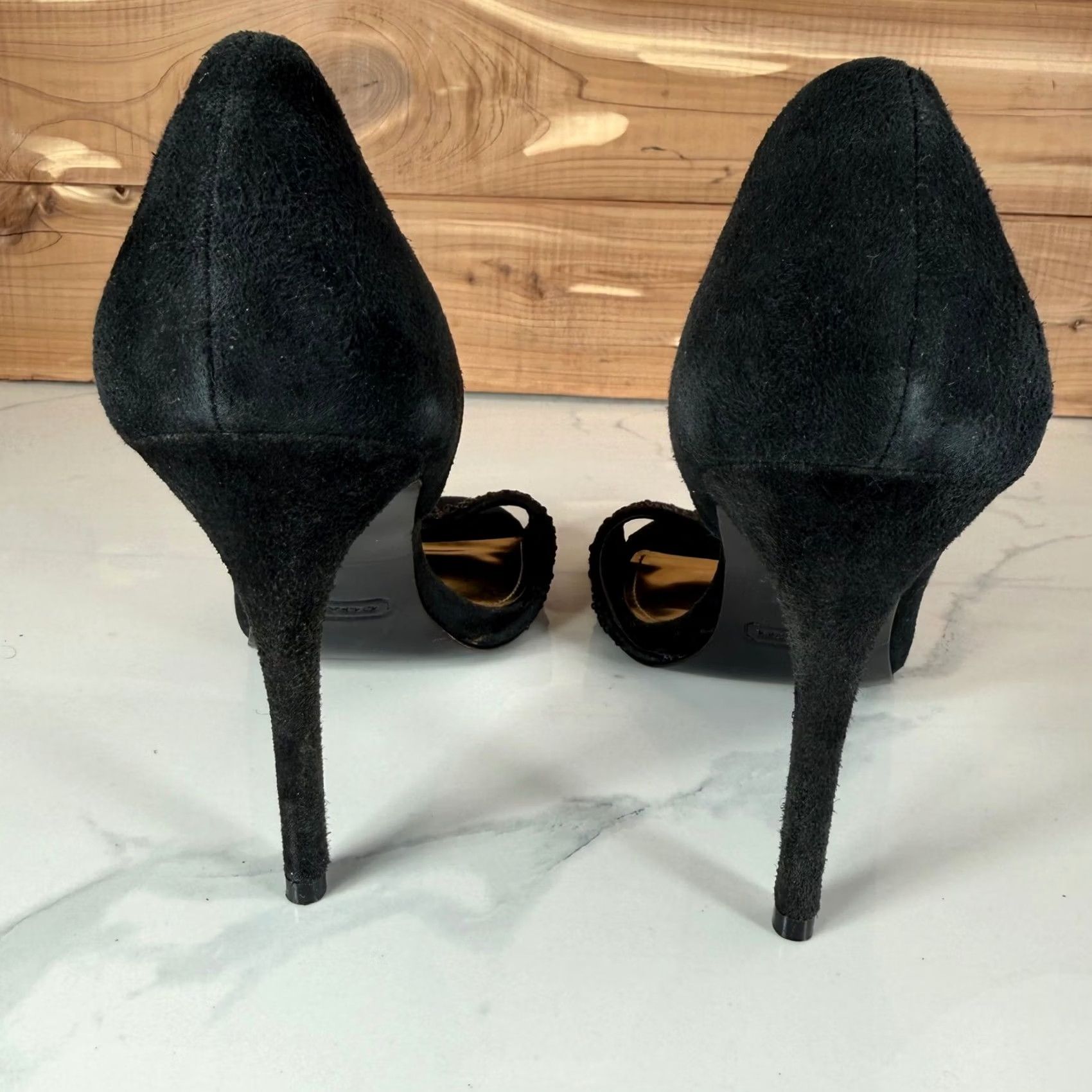 Coach VINTAGE Coach Black Suede Rhinestone Peep Toe Pumps d'Orsay Stiletto Heels Womens 6B Size US 6 / IT 36 - 4 Thumbnail
