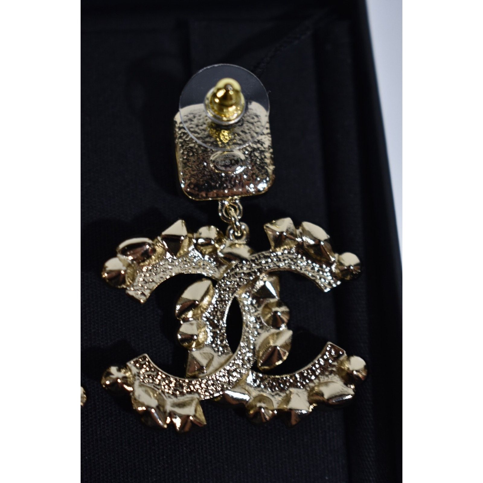 Chanel Chanel Gold Crystal Black XL Statement Stud Drop Earrings Size ONE SIZE - 12 Thumbnail