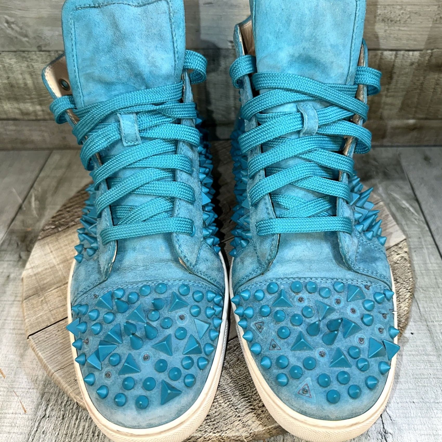 Christian Louboutin VINTAGE Men’s Teal Spike Christian Louboutin Louis Pik Pik Sneaker US11.5 EU44.5 Mens Casual Spikes Leather Italy Turquoise 90s Size US 12 / EU 45 - 2 Thumbnail