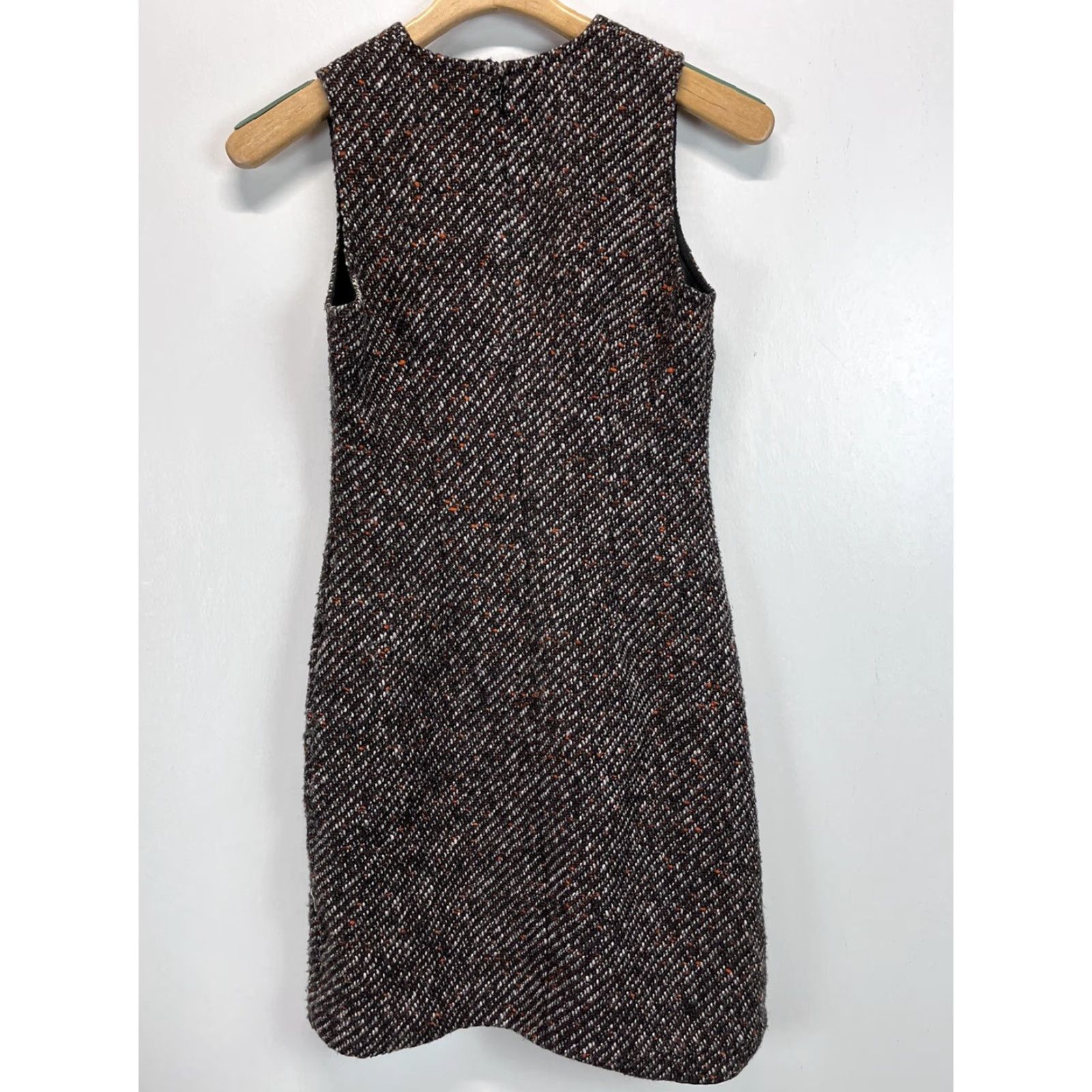 THEORY Jumper Dress A-Line Wool Blend Tweed V-Neck Zip Short Dress Sz 0  Brown