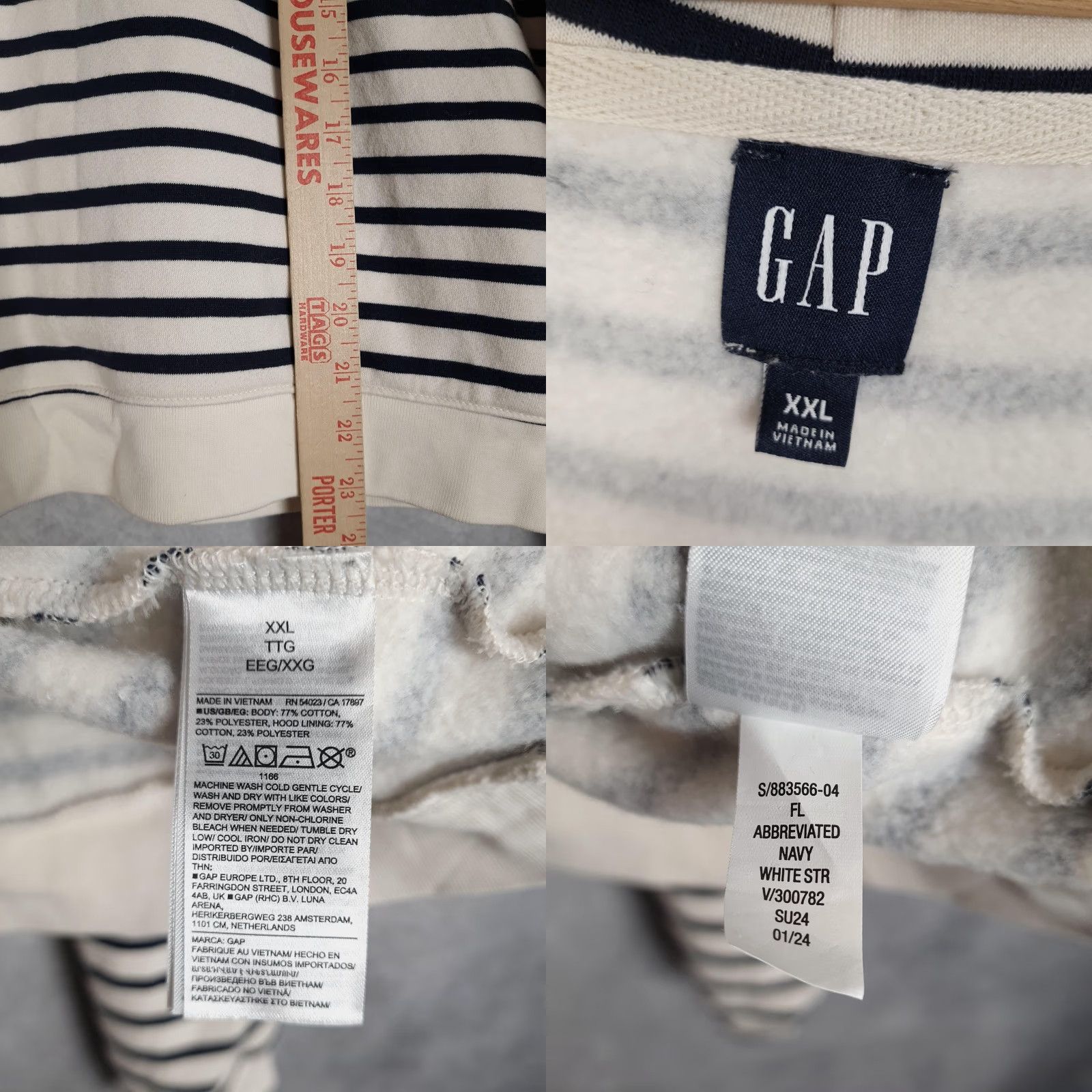 Gap Gap Hoodie Womens XXL White Navy Stripe Full Zip Fleece Heavyweight Cropped Soft Size XXL / US 16-18 / IT 52-54 - 10 Thumbnail