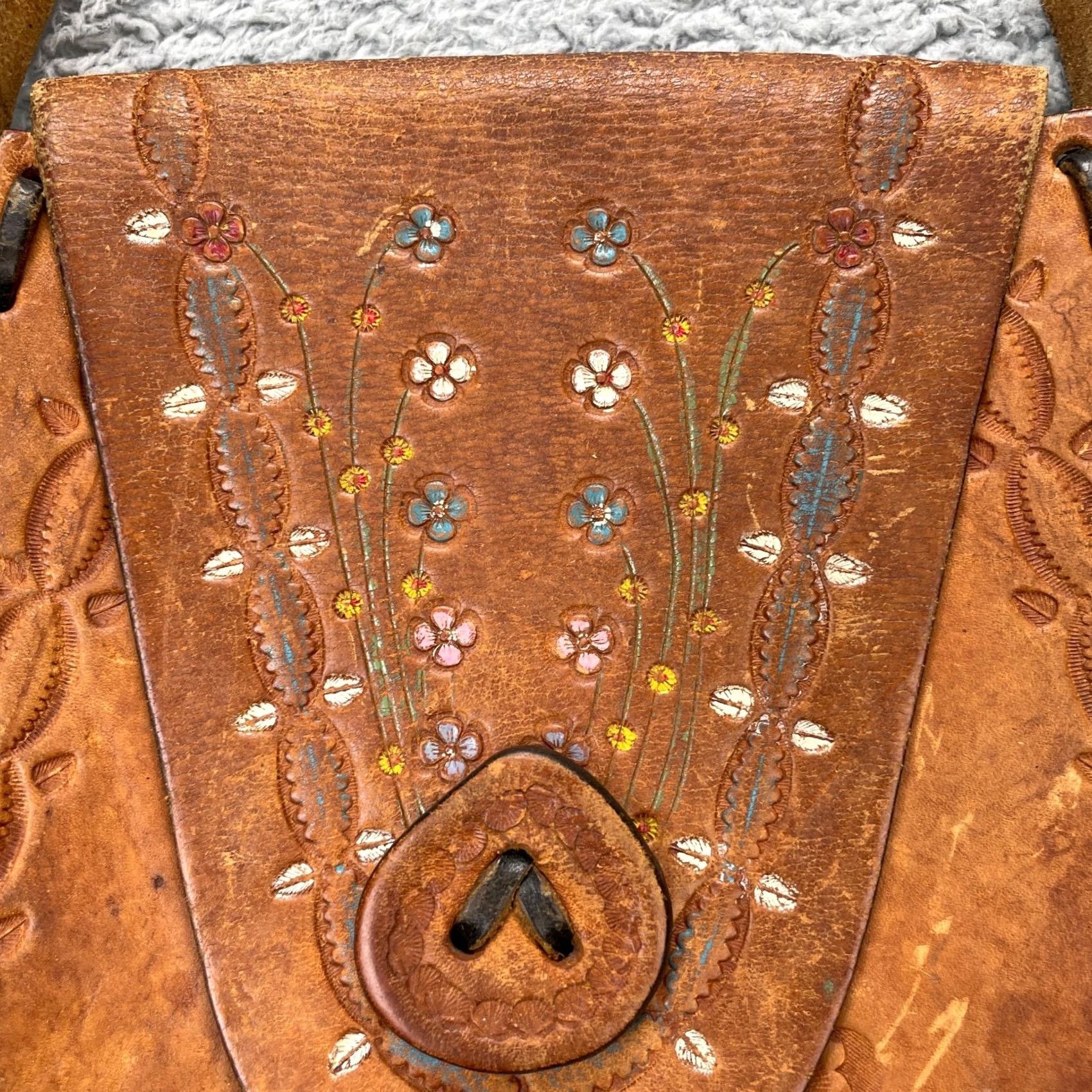 Vintage VINTAGE Tooled Leather Bag Womens Brown Floral Wood Slip Through Shoulder Strap Bag Medium Brown Leather Strap Accent Western Women's Handbag Size ONE SIZE - 3 Thumbnail