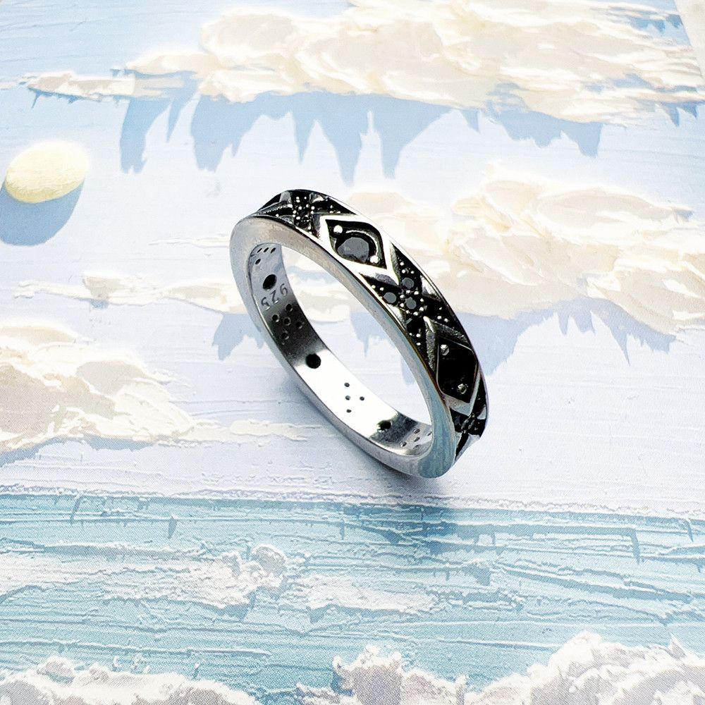 Vintage SIZE 9 925 Sterling Silver Black Asian Ornament Ring Size ONE SIZE - 2 Thumbnail