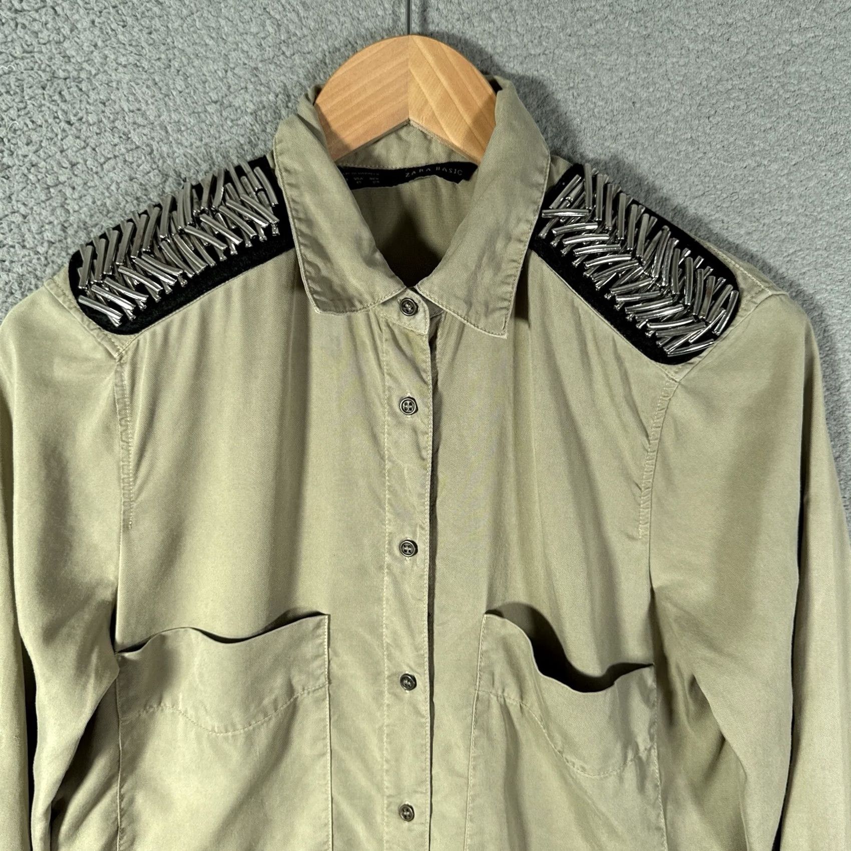 Zara Zara Shirt Womens XS Khaki Military Style Button-Up Long Sleeve Collared Beaded Studded Pockets Boho Streetwear Size XS / US 0-2 / IT 36-38 - 2 Thumbnail
