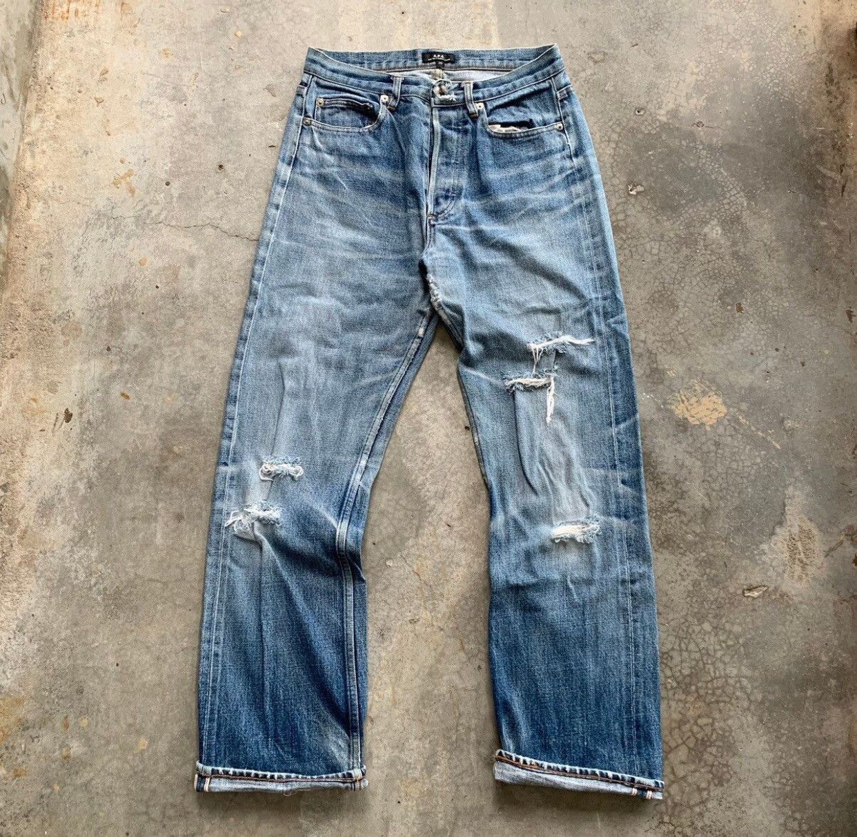 image of A P C x Kanye West Redline Raw Denim Selvedge Petit Distressed Wash Jean in Blue, Men's (Size 30)