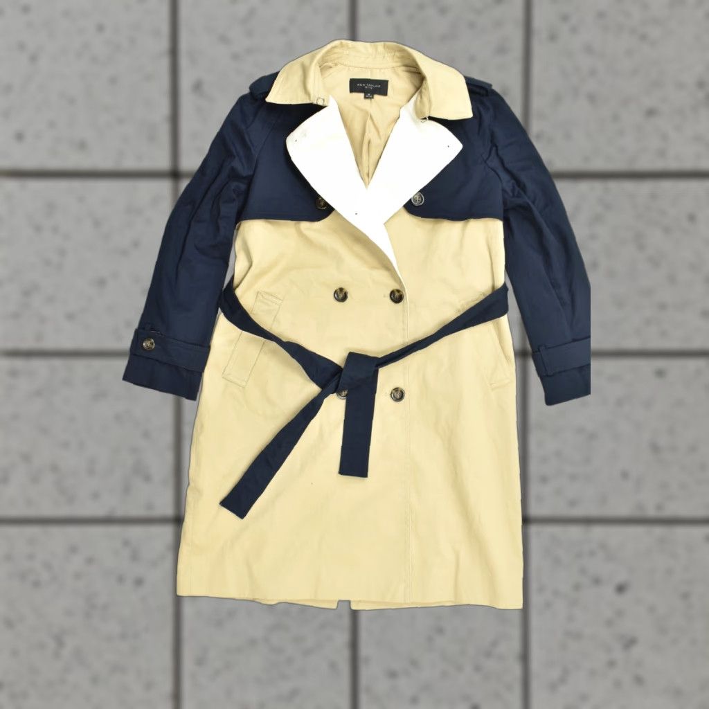 Ann Taylor Ann Taylor Petite MP Women's Colorblock Trench Coat Navy Tan White Cotton Blend Size M / US 6-8 / IT 42-44 - 1 Thumbnail