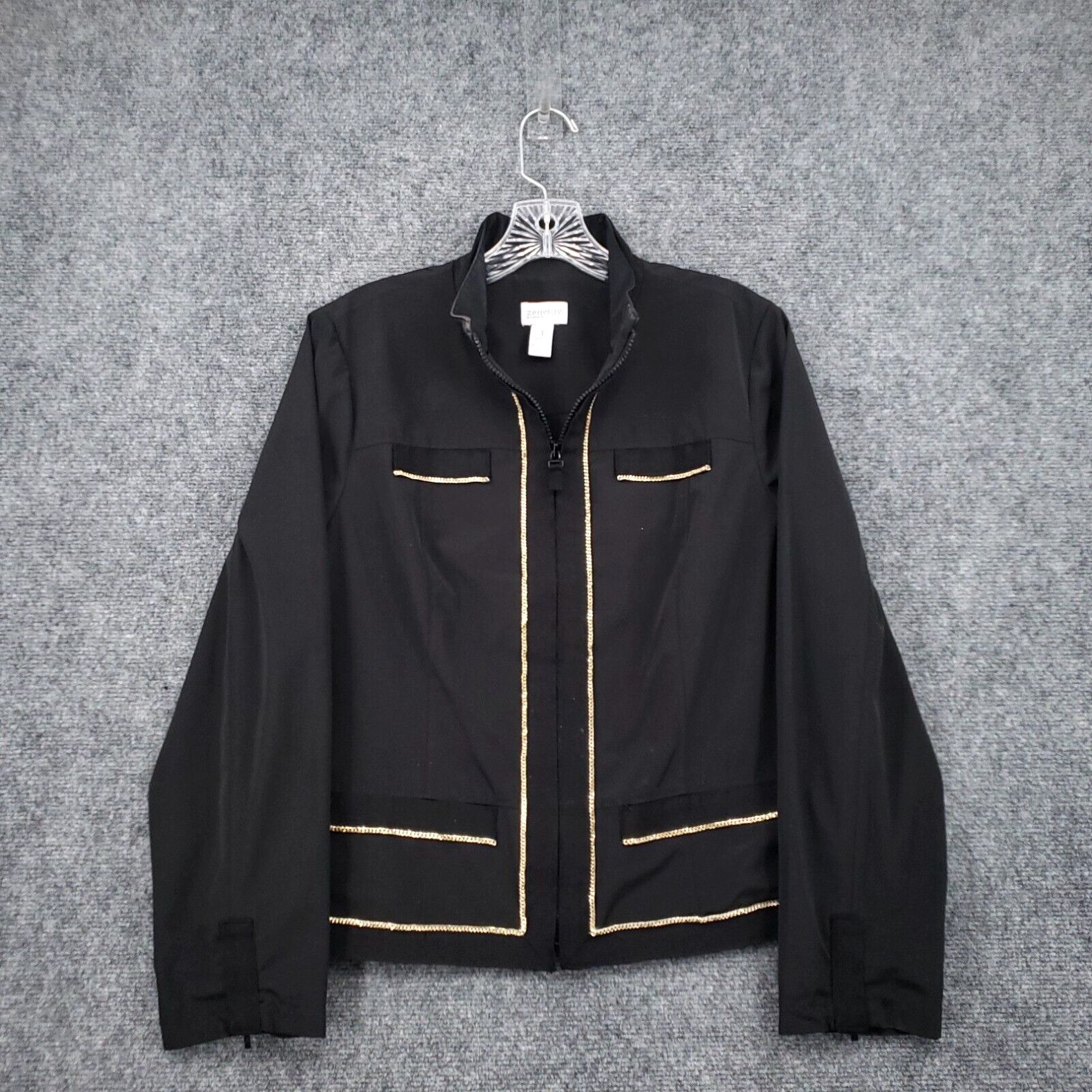 Vintage Chicos Zenergy Jacket Womens 1 US 8 Black Chloe Chain Trim Windbreaker Full Zip Grailed