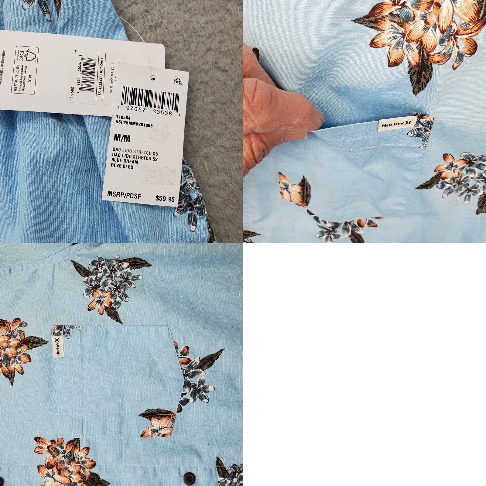 Hurley Hurley Shirt Mens M Blue Floral OAO Lido Stretch Classic Button Up HSP25MMVS01865 Size US M / EU 48-50 / 2 - 8 Thumbnail