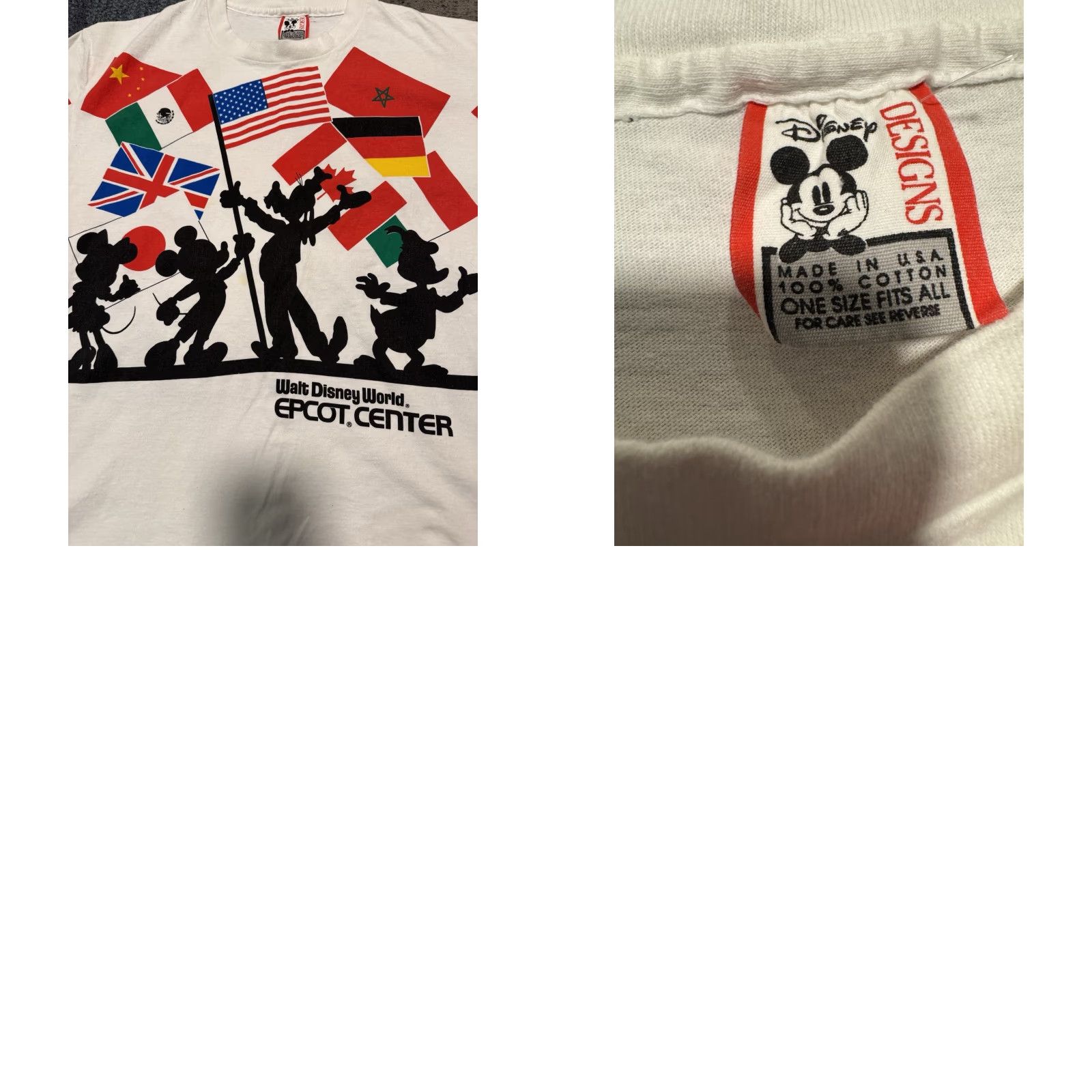 Disney VINTAGE 90s Walt Disney World EPCOT Center T-Shirt AOP Flags XL Mickey Minnie Goofy Donald Duck Disney Designs Shirt Mens White Size US XL / EU 56 / 4 - 9 Thumbnail