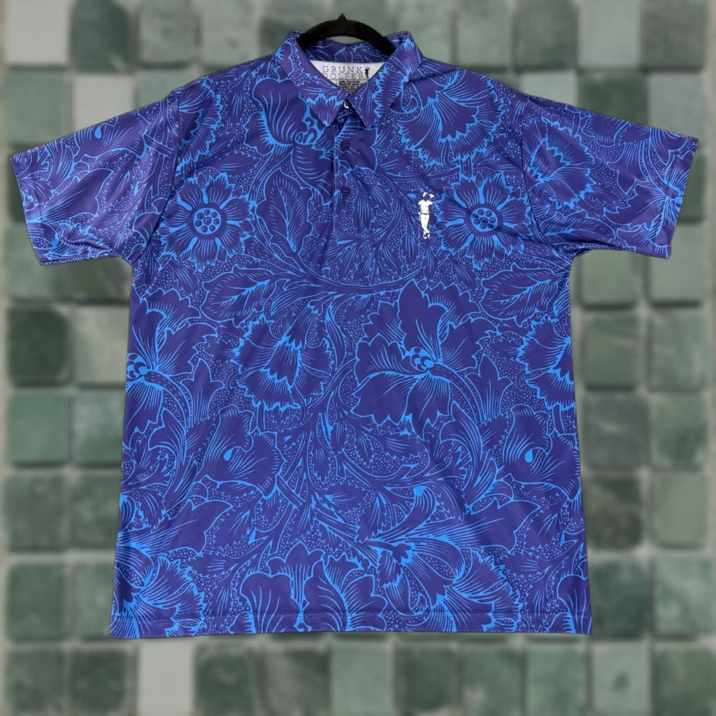Grunk Dolfer Golf Polo Shirt Mens Large Blue Floral Print Short Sleeve Stretch