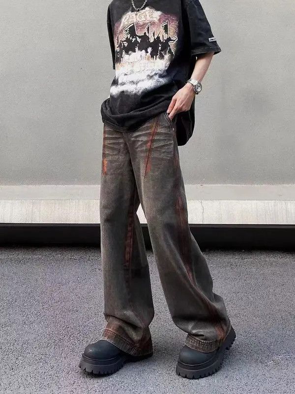 Japanese Brand VIBE Street hip-hop hand-painted rust-colored loose jeans Size US 32 / EU 48 - 5 Thumbnail