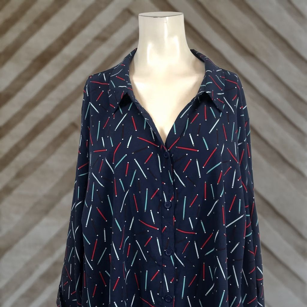 Vintage Catherines Womens Plus Size Tunic Top - Navy Blue Pencil Print Blouse Size 4XL / US 24-26 - 1 Thumbnail