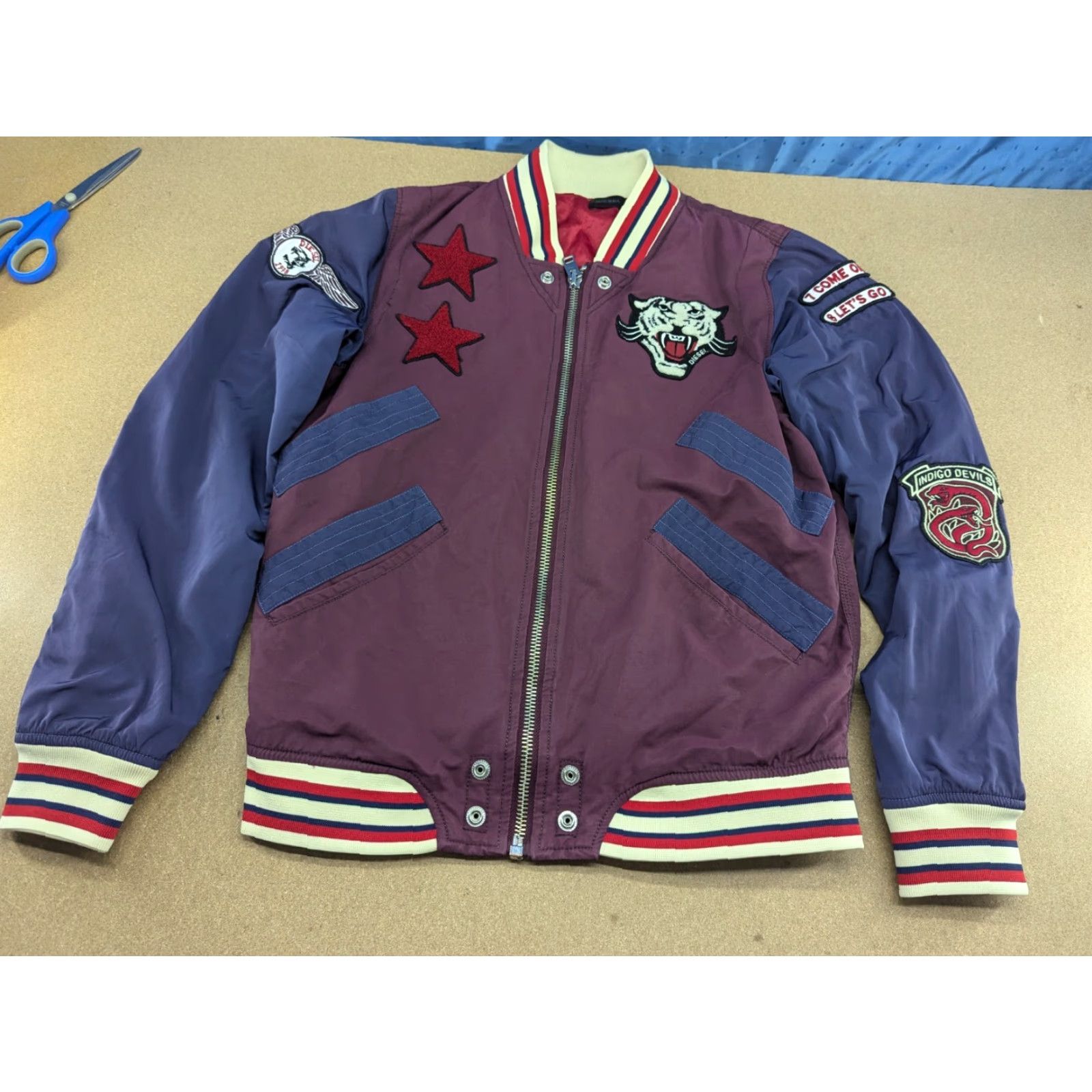 Diesel Diesel J-Tendency Varsity Jacket Mens Size S Indigo Devils Bomber Red Blue Small Muliticolor Full Zip Pockets Water Resistant Polyester Size US S / EU 44-46 / 1 - 2 Thumbnail