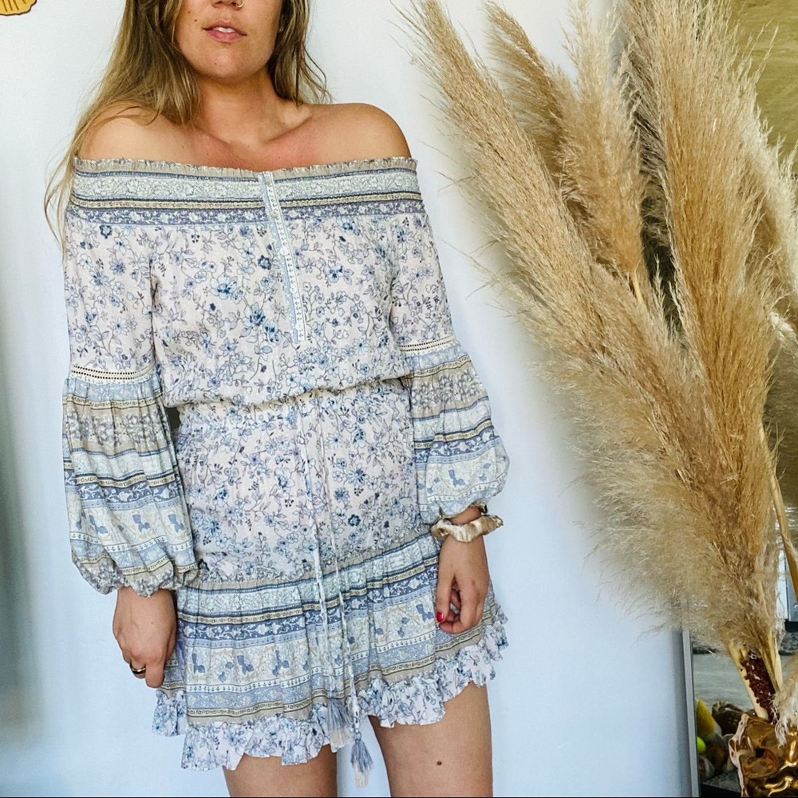 Anthropologie LOVESTITCH Blue White Floral Striped Boho Peasant Mini Dress Size S / US 4 / IT 40 - 3 Thumbnail