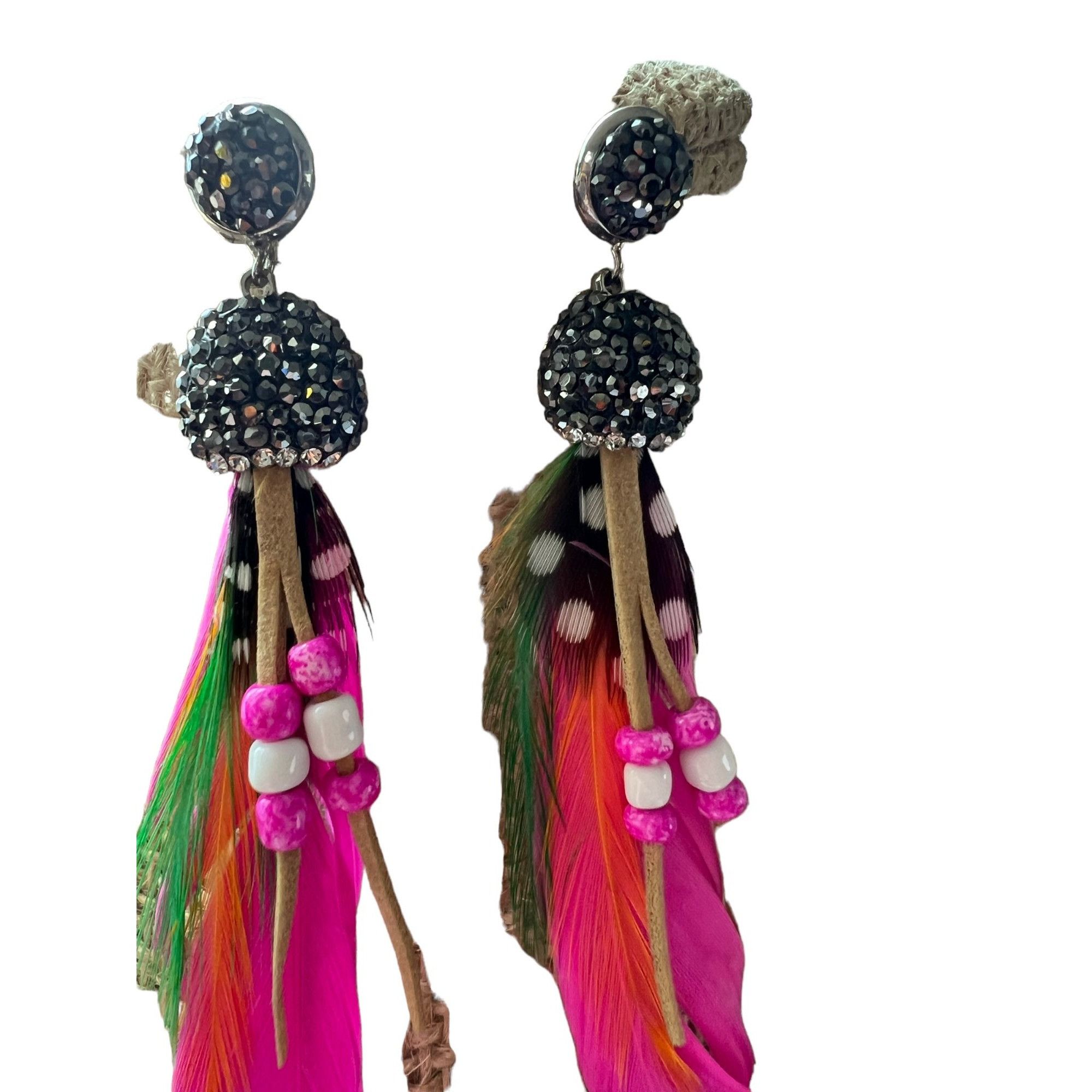Other Feather Boho Glitz Pierced Earrings Bright Pink Beads Rhines Size ONE SIZE - 5 Thumbnail