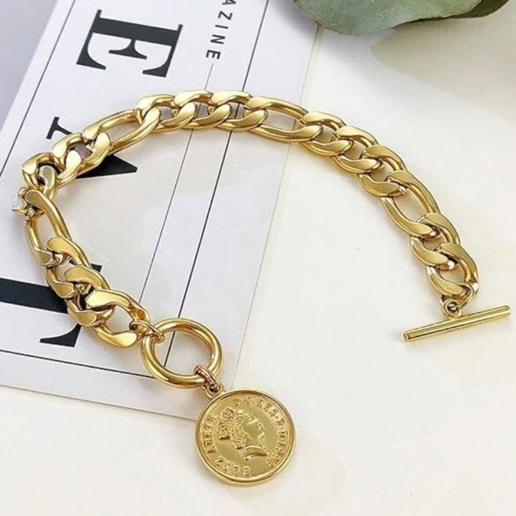 Other Cuban Link Chain Coin Bracelet Womens Gold Vintage Inspired Size ONE SIZE - 4 Thumbnail
