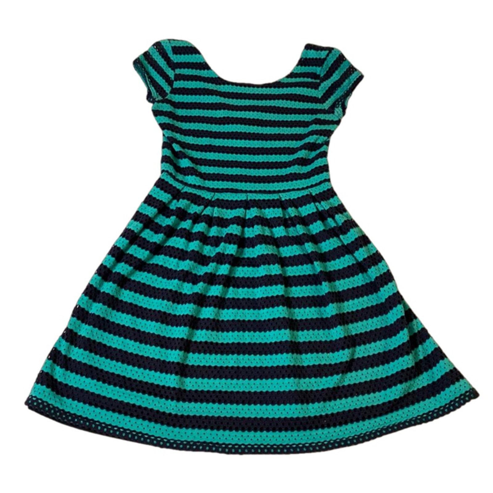 Other Retro Fit & Flare Striped Crochet Overlay Dress Teal Navy Size M / US 6-8 / IT 42-44 - 2 Thumbnail