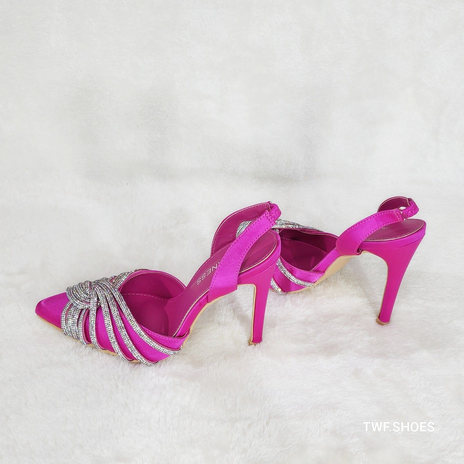 Other Elegance Slip on Slingback Fuchsia Satin Rhinestone Pointy T Size US 7.5 / IT 37.5 - 4 Thumbnail