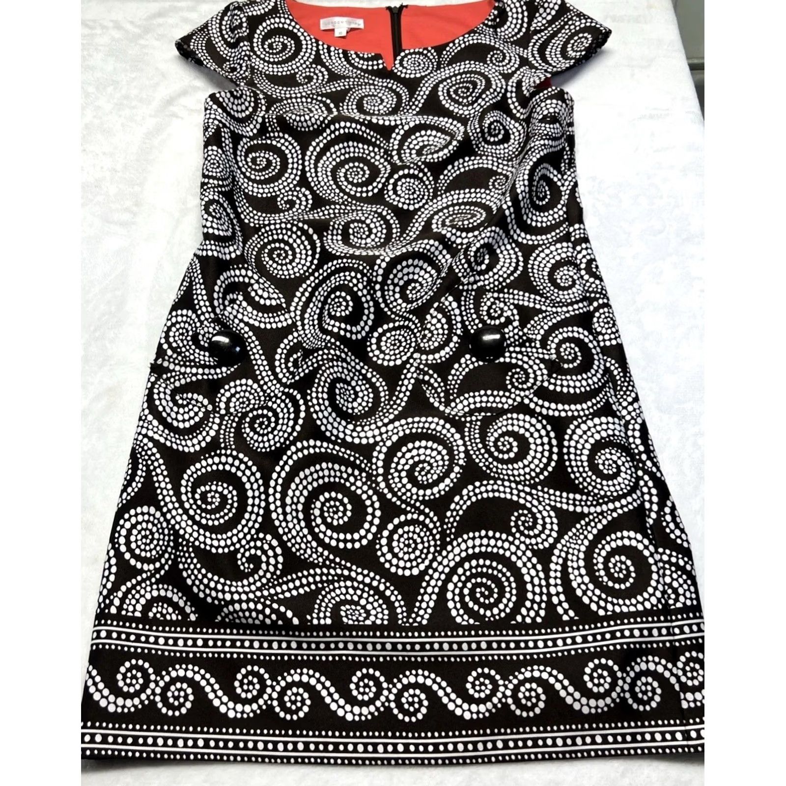 Vintage London Times Dress Womens 10 Black White Swirl Print A-Line Midi Cap Sleeve Round Neck Zip Lined Size L / US 10 / IT 46 - 3 Thumbnail