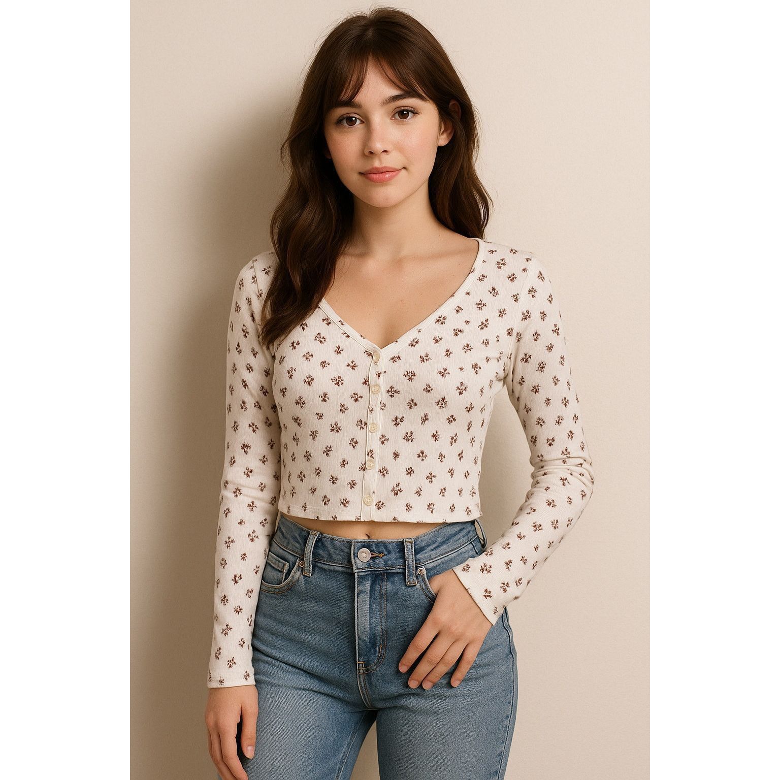 Aeropostale Y2K White Floral Cropped Long Sleeve Top Aeropostale M Size M / US 6-8 / IT 42-44 - 1 Thumbnail