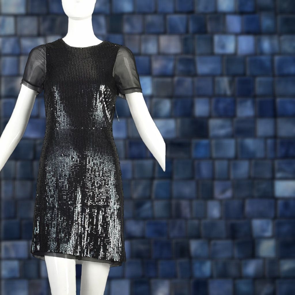 VINTAGE Small 2010s Black Teal Iridescent Sequin Dress Short Sleeve Mini  NWT DEADSTOCK Karen Millen Womens